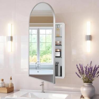 Imagem de FKWin Armário de remédios arqueado com espelho, armário de armazenamento de espelho de banheiro, espelho de banheiro com borda de metal com armazenamento, 3 prateleiras ajustáveis, armários de parede