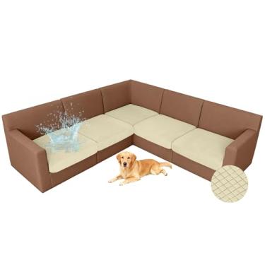 Imagem de ALIECOM Capas de almofada de sofá seccionais impermeáveis em forma de L com 5 peças de capas de sofá seccionais mágicas capa de assento de canto lavável protetor de móveis universal para cães de
