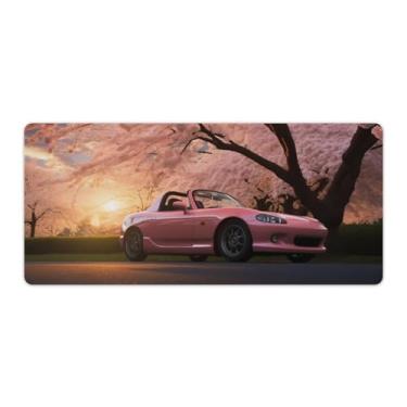 Imagem de Flores de cerejeira rosa carro Mx5 nascer do sol lindo tapete de mesa de carro tapete de mouse pad antiderrapante grande material de escritório tapete de mesa de borracha impermeável para escritório