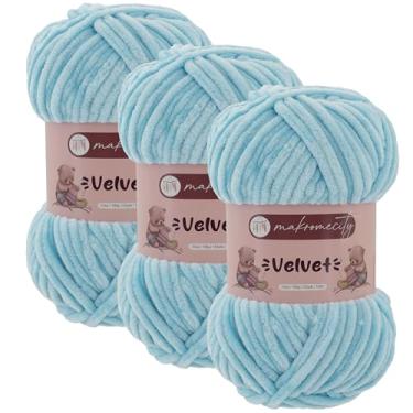 Imagem de Makromecity 3 novelos de fio de veludo 100 g (3,5 oz) / 120 m (132 jardas) fio de chenille premium 100% poliéster, ultra macio, antibolinhas, lavável na máquina, 30 cores para tricô e crochê (azul