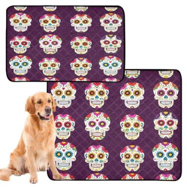 Imagem de CEBUGI Almofadas de xixi laváveis para cães, pacote com 2, almofadas impermeáveis para filhotes de cachorro, antiderrapantes, à prova de vazamento, para cama de cercadinho, caveiras coloridas de