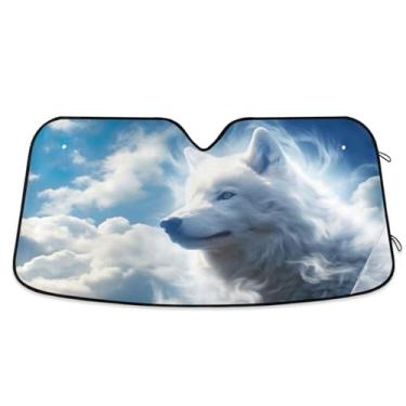 Imagem de Wassud Para-sol de para-brisa de carro lobo nuvem branca, persianas refletivas de janela frontal de carro, protetor de viseira de sol bloqueia raios UV, persiana automotiva dobrável sanfonada para