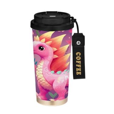 Imagem de YETTASBIN Caneca de café de viagem com isolamento térmico de dinossauro de 500 ml com canudo, copo à prova de vazamento e vazamento com alça para bebida quente e fria, garrafa de água de aço