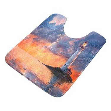 Imagem de Burbuja Tapete de banheiro Lighthouse at Sunset, tapete de banho absorvente de pelúcia macio, base de vaso sanitário antiderrapante para piso de banheiro, oval em forma de U