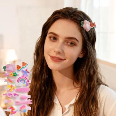Imagem de Conjunto de acessórios de cabelo infantil com 14 peças: presilhas coloridas de arco-íris, alfinetes, frutas doces, borboletas para penteados elegantes para crianças (rosa)