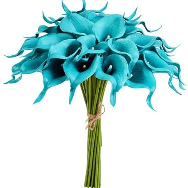 Imagem de AWARDSEN Lírio de calla artificial azul-petróleo, 12 peças de flores artificiais de toque real para buquê de casamento, chá de noiva, decoração de mesa de cozinha para casa de primavera, lírios falsos