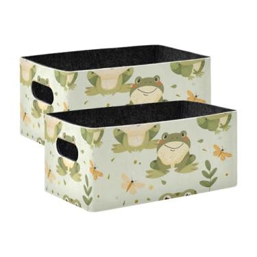 Imagem de xigua Conjunto de 2 caixas de armazenamento de sapo de desenho animado, cubo de armazenamento dobrável, organizador de cestas de armazenamento para brinquedos, livros, prateleiras, armário, lavanderia
