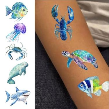 Imagem de Pacote com 20 adesivos de tatuagens temporárias de animais do oceano para adultos, homens, mulheres e todas as idades, adesivos de animais submarinos para decoração de festa de aniversário e
