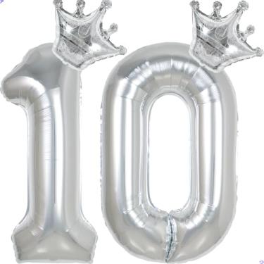 Imagem de 10 balões de 101,6 cm com números prateados para decorações de 10 anos para meninas e meninos, balões gigantes jumbo de 10 anos de Mylar