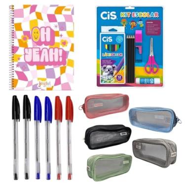 Imagem de Kit Escolar com 17 Itens Caneta Estojo Caderno Conjunto Aula Colorido Lápis Borracha Apontador Cola