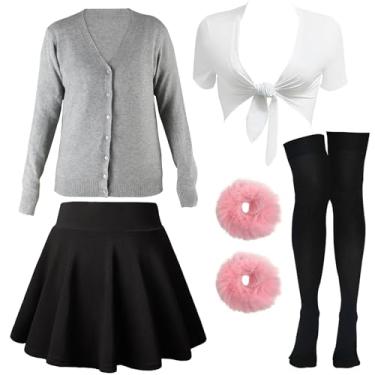 Imagem de YIXAXKAO Pop Singer Costume for Women Furry Hair Scrunchies Pleated Skater Skirt Tie up Shirt with Cardigan Halloween Costume (Large)