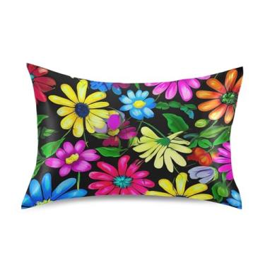 Imagem de Fronhas coloridas vibrantes de cetim preto floral refrescante king queen padrão fronha de cama personalizada tamanho queen 76.2 cm x 50.8 cm