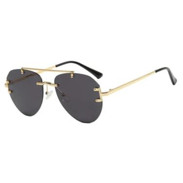 Imagem de HCPIHF Óculos de sol femininos sem aro com ponte dupla de metal e haste de metal, moda masculina para dirigir ao ar livre, UV400 (cinza dourado)