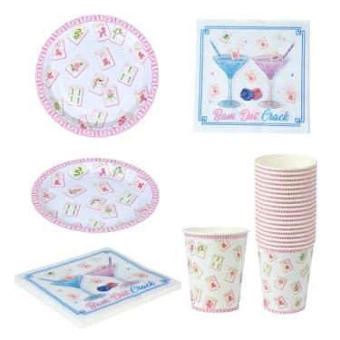 Imagem de indiedouker Conjunto de pratos de copos de guardanapo Mahjong, 40 guardanapos, 40 xícaras e 40 pratos, ótimo para suprimentos de festa de Mahjong ou presente para anfitriã Mahjong (guardanapo Mahj)