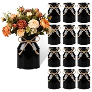 Imagem de Pansente 12 vasos rústicos de 13 cm lata de leite galvanizada de metal com laço, balde de flores vintage, adequado para centro de mesa, aniversário, casamento, festa de aniversário, arranjo floral