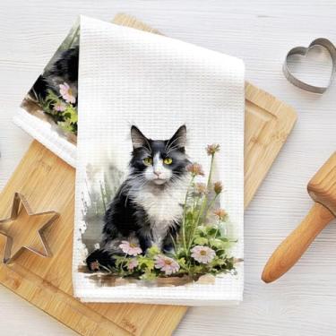 Imagem de Toalhas de cozinha para gatos em aquarela, panos de prato de microfibra de flores para secar pratos, panos de cozinha macios absorventes para pratos, toalha de mão para banheiro, sala de estar