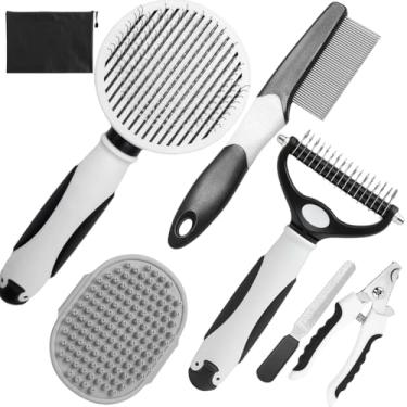 Imagem de Escova de cachorro para queda, kit de 7 peças de escova de cuidados para cães para despelar, escova de cabelo de cachorro com pente de ancinho de subpelo, escova de banho e cortador de unhas para