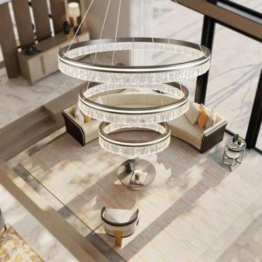 Imagem de Lustre LED moderno, dimerizável de 3000K a 6500K, design em anel, montagem no teto com altura ajustável, elegante luminária pendente em acrílico para sala de jantar, sala de estar e cozinha