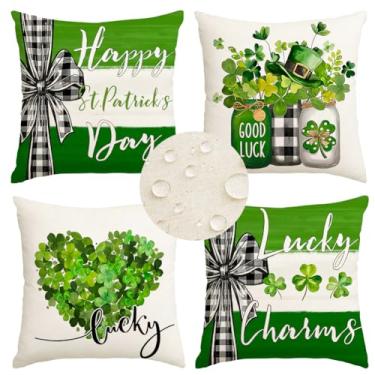 Imagem de RABUSOFA Capas de almofada para atividades ao ar livre Dia de São Patrício à prova d'água 50,8 x 50,8 cm, conjunto com 4 unidades, coração de trevo verde, amuleto da sorte, buffalo, xadrez, pedreiro