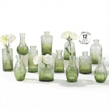 Imagem de Pacote com 12 vasos de botão a granel - vasos de flores verdes BEAHOT para decorações de casamento, vaso de vidro para decoração de mesa, vaso pequeno para casa, dia das mães, centros de mesa, festa
