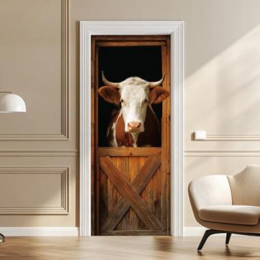 Imagem de arricraft Adesivo de porta autoadesivo de 2 folhas, 80 cm x 200 cm / 31,5 x 78,7 polegadas vintage padrão de celeiro de vaca adesivos de parede PVC removível decoração para quartos sala de estar