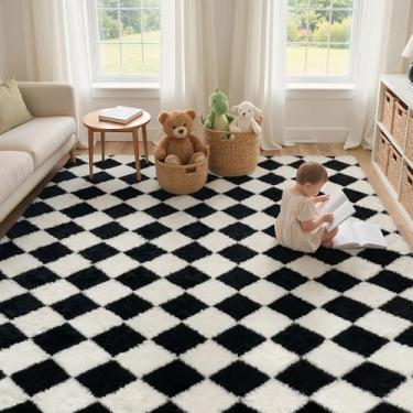 Imagem de GENIMO Tapete quadriculado, 20 x 25 cm, para quarto de crianças, macio, felpudo, tapete felpudo para sala de estar, berçário, sala de jogos, dormitório, decoração de casa moderna, estética, preto e