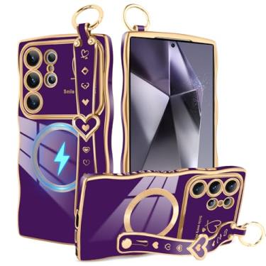 Imagem de Bonoma Capa magnética para Samsung Galaxy S24 Ultra para mulheres e meninas, moldura ondulada com alça fofo coração amor luxuoso chapeamento capa de forma encaracolada proteção de câmera levantada à