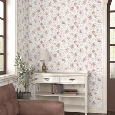 Imagem de EPPKILY Papel de parede floral rosa para descascar e colar papel de parede vintage floral rosa papel de parede autoadesivo removível para paredes armários de quarto de meninas forro de prateleira