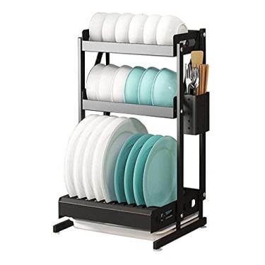 Imagem de Escorredor de pratos dobrável de 3 camadas para cozinha preta de aço inoxidável com bandeja de gotejamento/descanso para pauzinhos pendurados 565 285 335 cm