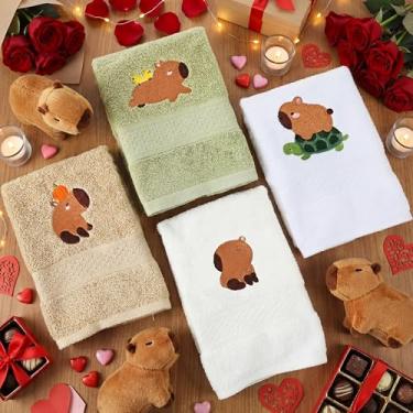 Imagem de HunnmingRe Pacote com 4 toalhas de mão bordadas, presentes capivara, algodão, 75 x 35 cm, panos de prato macios e absorventes para cozinha, decoração de casa de banho para convidados, toalhas de