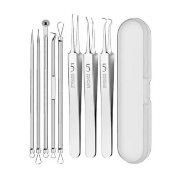 Imagem de Kit profissional de ferramentas de remoção de cravos 8 em 1 com pinças de aço inoxidável e estojo de viagem, prata