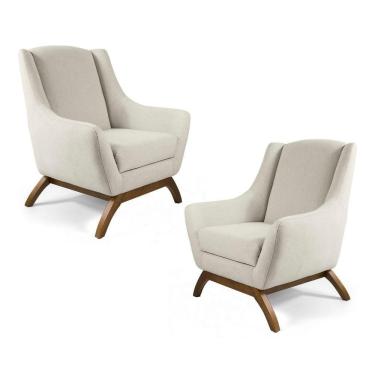 Imagem de Kit 02 Poltronas Decorativas Juliet Base De Madeira B-370 Linho Bege Cru - Domi