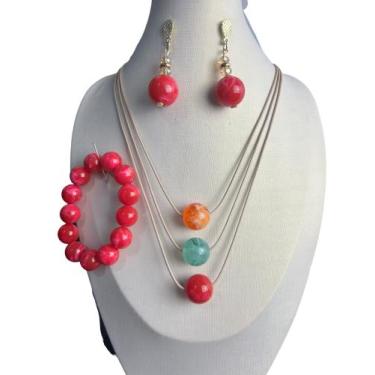 Imagem de Kit colar brinco e pulseira resina promoção presente - MLBpel, Pink