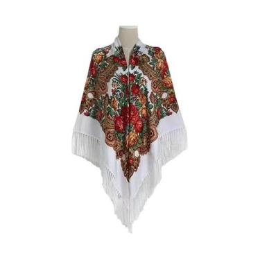 Imagem de Lenço Quadrado Russo Feminino 160x160cm Com Estampa Floral E Borlas, X