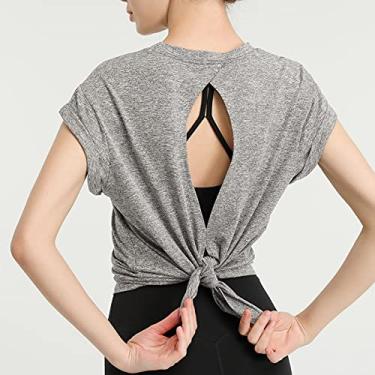 Imagem de Camiseta esportiva feminina vazada nas costas com decote oco manga curta colete de secagem rápida corrida fitness ioga blusas soltas(X-Large)(Cinza)