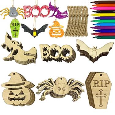 Imagem de Anditoy 60 peças Halloween fatias de madeira artesanato de Halloween para crianças adultos Halloween decorações interior Halloween festa de Halloween materiais lembrancinhas de festa