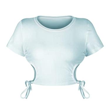 Imagem de Camiseta feminina sexy com gola redonda e manga curta com amarração lateral (Color : Blue, Size : L)