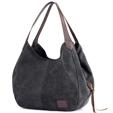 Imagem de Bolsa feminina de lona Dour com vários bolsos, bolsa de ombro moderna de algodão, bolsa sacola, Preto, Medium