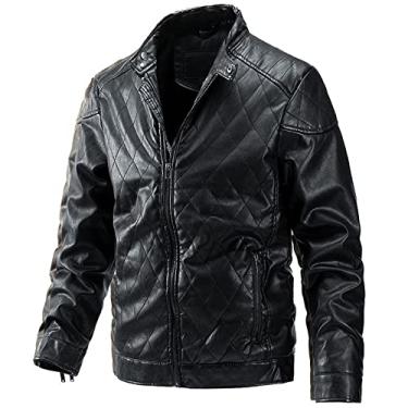 Imagem de Jaqueta bomber masculina falsa com zíper Commuter premium PU motocicleta lapela jaqueta à prova de vento casaco de couro impermeável outono, preto, M (170 cm/60 kg)