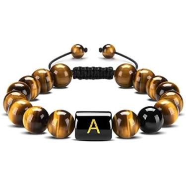 Imagem de Pulseira de chakra, pulseira de pedra de olho de tigre marrom natural, letra A, contas de 10 mm, pulseiras de chakra, pulseiras de pedras preciosas de energia, joias de ioga de equilíbrio pa