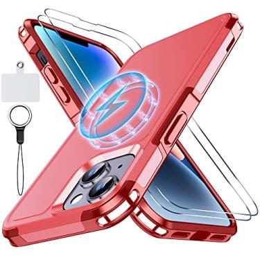 Imagem de MOZOTER [9 em 1] Capa magnética para iPhone 14/Capa para iPhone 13 com [3 peças de protetor de tela de vidro], [3 pés à prova de choque compatível com Magsafe][Heavy Duty] Capa de telefone para iPhone 14/13 6,1 polegadas - vermelha