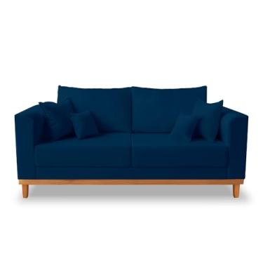 Imagem de Sofá 3 Lugares Retro Sala de Estar Beny Suede Azul Marinho Madeira Prima Deccor