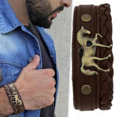 Imagem de Pulseira de Couro Masculina Country Marrom Ajustável Pingente Cavalo M
