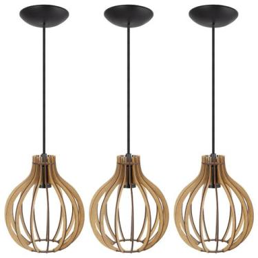 Imagem de Pendente Luminária Bali e27 Mdf Rústico Sala Moderno 3 Un - Madelumi