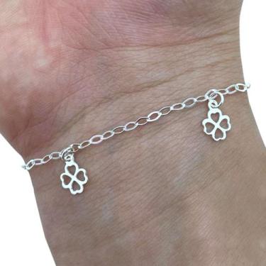 Imagem de Pulseira Feminina Pingente Trevo Corações Prata 925 Legítima - Hakuna 