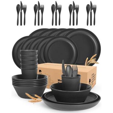 Imagem de Conjunto de jantar de plástico para 6 - OAMCEG 42 peças de pratos e tigelas de cozinha, conjunto de louça de palha de trigo de plástico, pratos de micro-ondas para dormitório universitário, pratos de acampamento ao ar livre de plástico inquebrável, preto