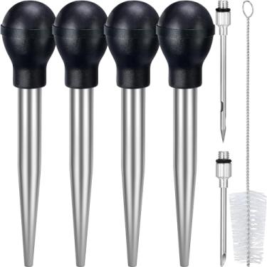 Imagem de Uiifan Pacote com 4 pratos de peru de aço inoxidável para cozinhar, conjunto grande de seringa de peru de metal com 8 agulhas injetoras de marinada e 4 escovas de limpeza para utensílios de peru de