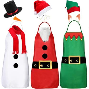 Imagem de Conjunto de 3 aventais e chapéu de Natal, fantasia de elfo, boneco de neve, Papai Noel, cosplay, kit de fantasia com orelha de elfo, barbas de Papai Noel, chapéu de boneco de neve para adultos, cozinha, Natal, férias, chef, avental, decoração, Vermelho, verde, branco, apron : about 83 x 68 cm/ 32.6 