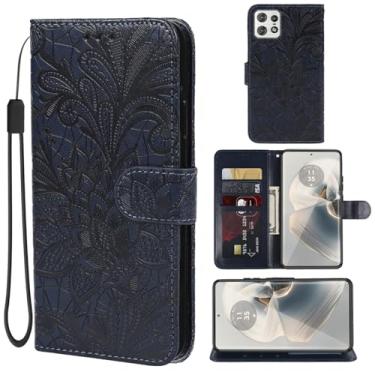 Imagem de Gufuwo Capa para Moto Edge 50 Pro, capa carteira Motorola Edge 50 Pro, capa de celular flip de couro PU com flor de renda para celular para Motorola Edge 50 Pro 5G azul escuro