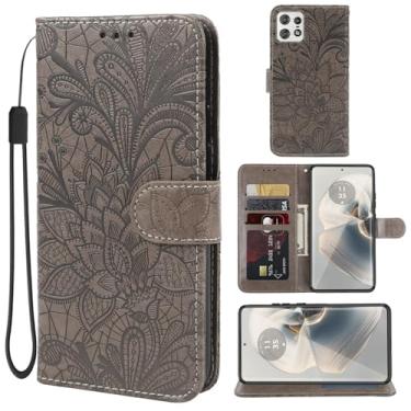Imagem de Gufuwo Capa para Moto Edge 50 Pro, capa carteira Motorola Edge 50 Pro, capa de celular flip de couro PU com flor de renda para celular para Motorola Edge 50 Pro 5G cinza